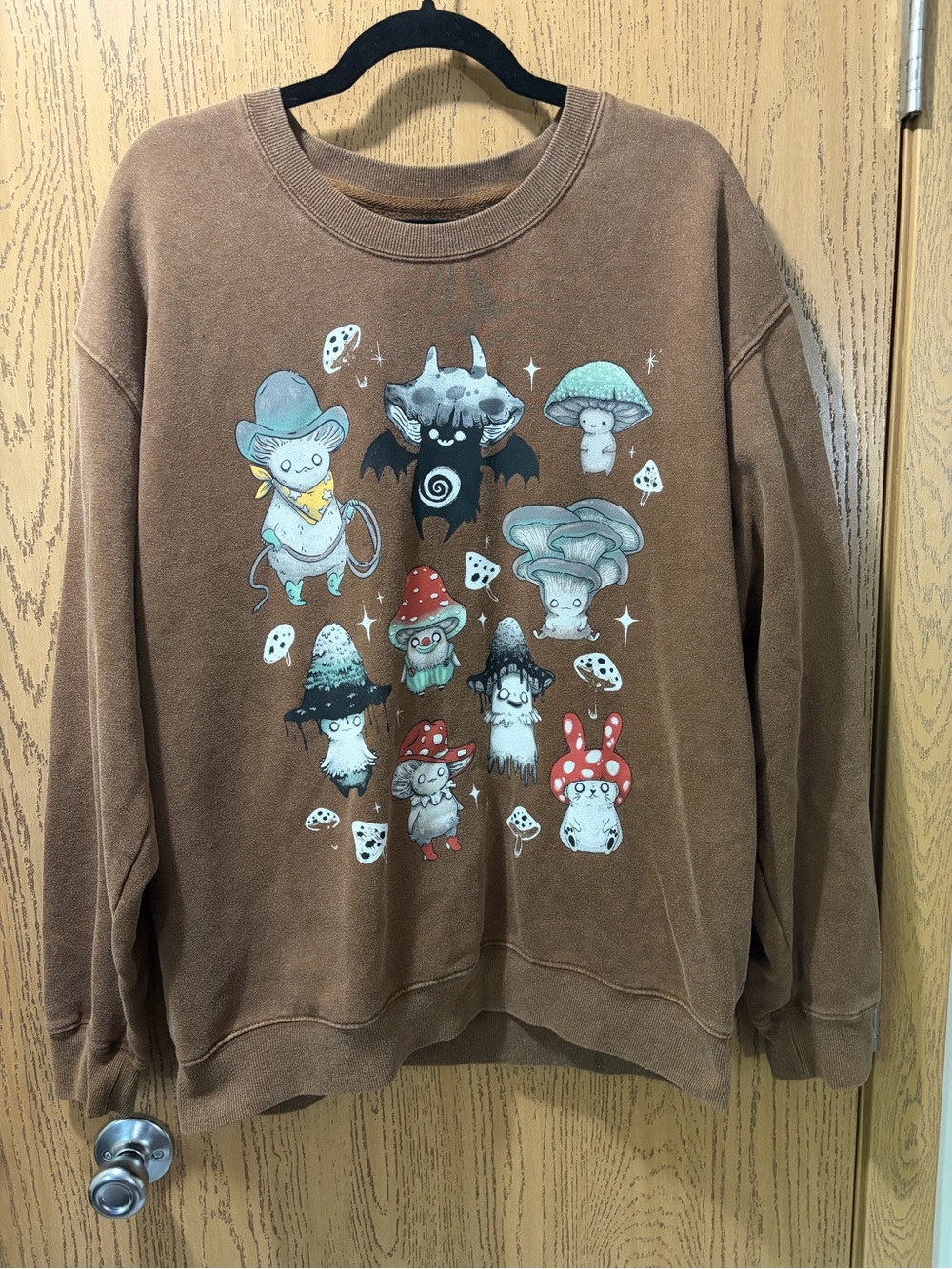 Hot Topic Brown Crewneck Sweatshirt with Mushroom & Character Graphics
